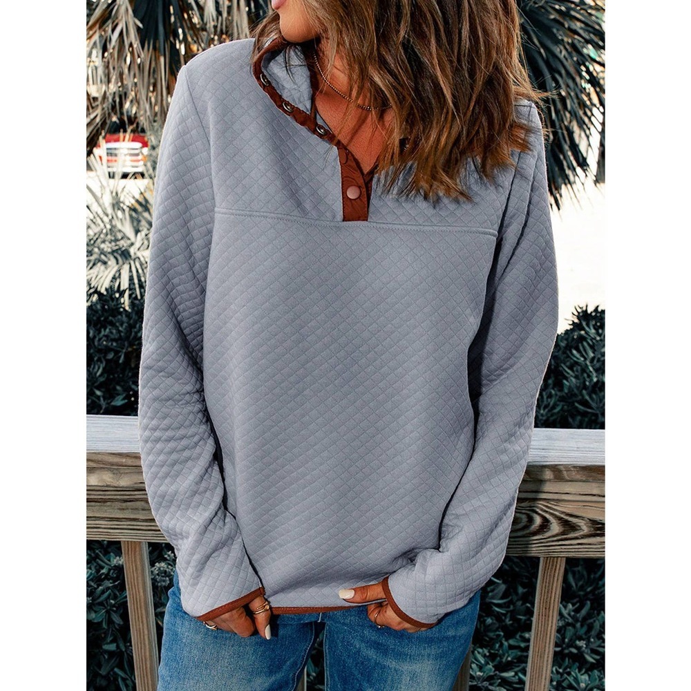 minimalist Contrast Binding button placket Sweatshirt - Picture 1 of 5